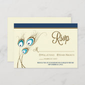{TBA}孔雀の羽RSVPカード（ネイビー） 出欠カード (正面/裏面)