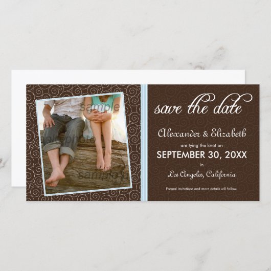 {TBA}渦巻形のなQブラウンまたは空色の保存日付 セーブザデート (正面/裏面)