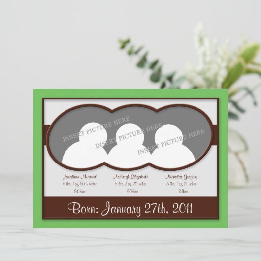 {TBA}茶色の緑の三つ子の誕生のお知らせ 案内状 (スタンド正面)