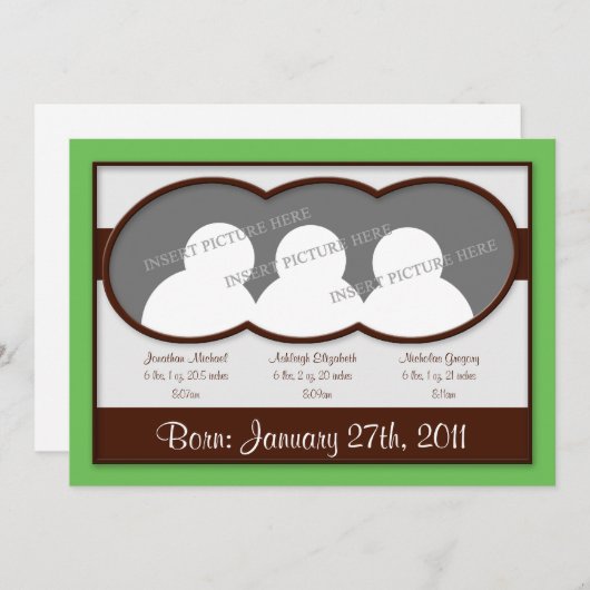 {TBA}茶色の緑の三つ子の誕生のお知らせ 案内状 (正面/裏面)