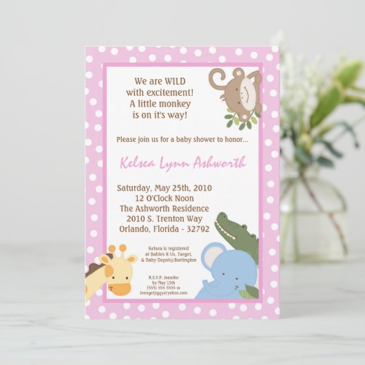 {TBA} 5x7サファリジャングル動物園のベビーシャワー招待状 招待状 (スタンド正面)