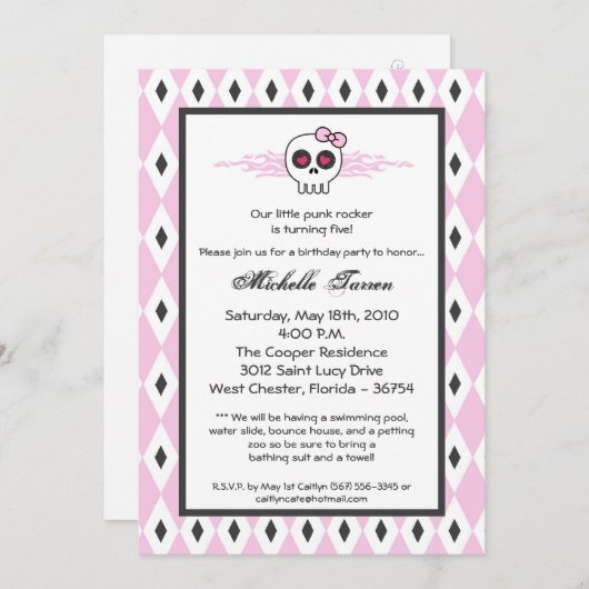 {TBA} 5x7女の子のパンクのスカルの誕生日のパーティの招待状 招待状 (正面/裏面)