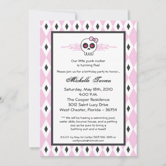 {TBA}5x7 ガールパンク スカル バースデーパーティー 招待状 (正面)