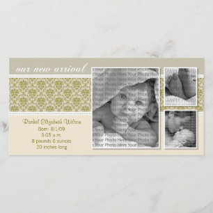 {TBA} 8x4 Taupe Baroque 3-Photo Birth Announcement 案内状