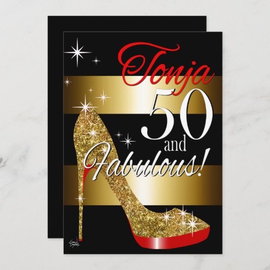 TD 50と素晴らしいグリッタースティレット誕生日 招待状 (正面/裏面)