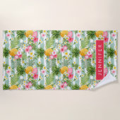 Teのあなたの一流の|熱帯花及びパイナップルを加えて下さい ビーチタオル (正面)