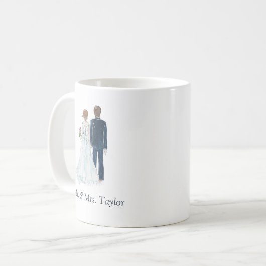 Tea水彩画の花嫁及び新郎のたった今結婚しましたの氏夫人及び コーヒーマグカップ (正面左)