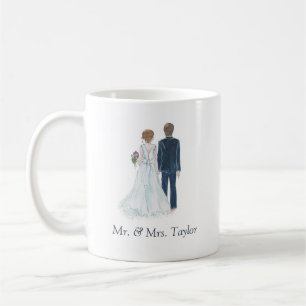 Tea水彩画の花嫁及び新郎のたった今結婚しましたの氏夫人及び コーヒーマグカップ