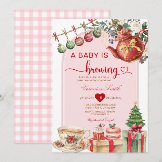 Tea A Baby is Brewing クリスマスボウベビーシャワー 招待状 (正面/裏面)