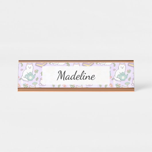 Tea & Bookish Cats Personalized Desk Name Plate デスクネームプレート (正面)