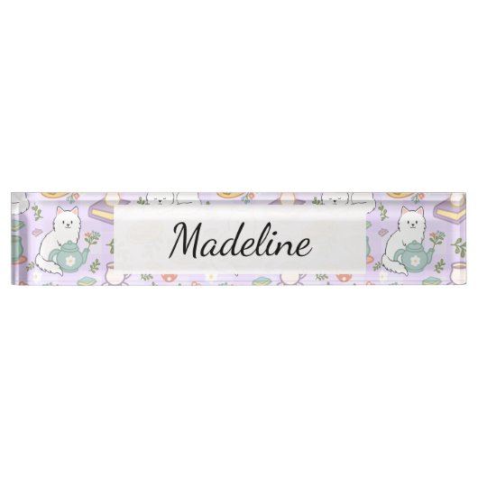 Tea & Bookish Cats Personalized Desk Nameplate デスクネームプレート (正面)