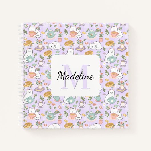 Tea & Bookish Cats Spiral Notebook Personalized ノートブック (正面)