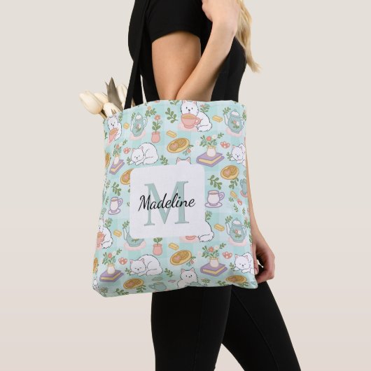 Tea & Bookish Cats Tote Bag Mint Green トートバッグ (クローズアップ)
