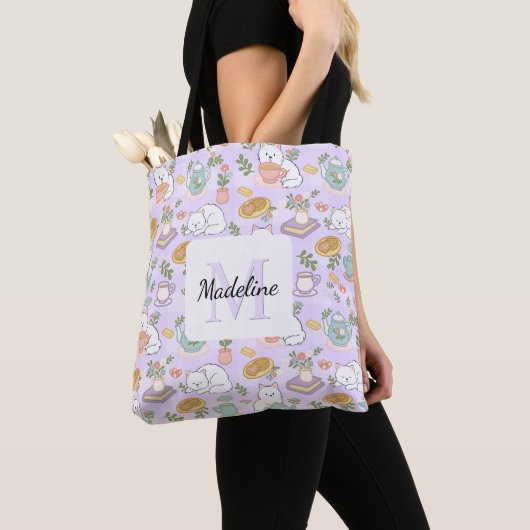 Tea & Bookish Cats Tote Bag Purple トートバッグ (クローズアップ)