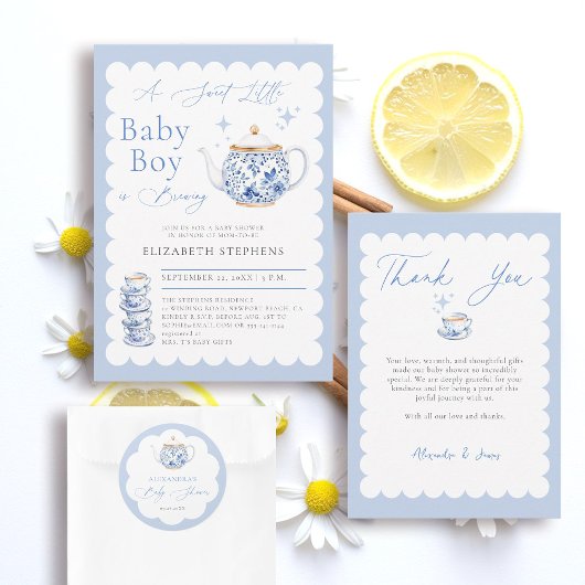 Tea Brewing Script Blue Theme Script Baby Shower サンキューカード