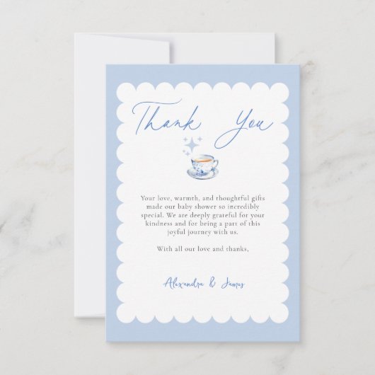 Tea Brewing Script Blue Theme Script Baby Shower サンキューカード (正面)