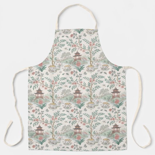 Tea Chinoiserie French Toile Du Jouy Pattern Apron エプロン (正面)