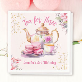 Tea For Three! ガール ピンク フローラル 3歳の誕生日パーティー スタンダードカクテルナプキン