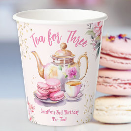 Tea For Three! ガール ピンク 3歳の誕生日 ティーパーティー 紙コップ