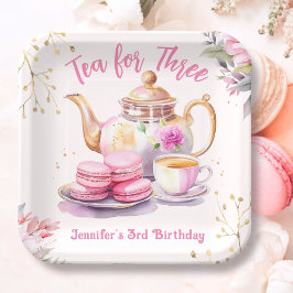 Tea For Three! 女の子 ピンクの花 3歳の誕生日パーティー ペーパープレート