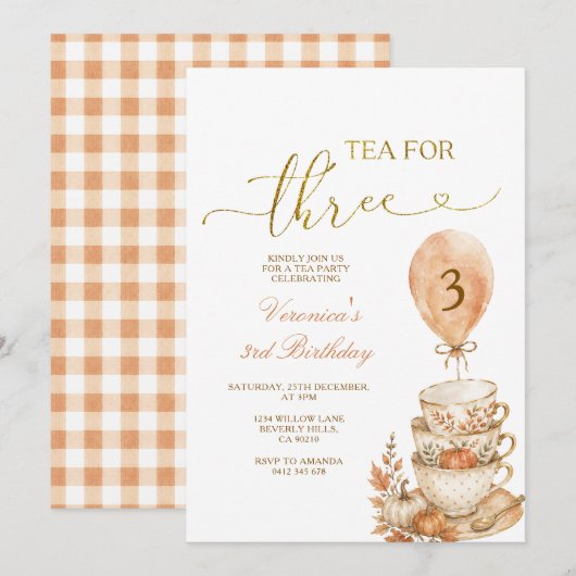 Tea for Three 3歳の誕生日 パンプキン 秋の花 招待状 (正面/裏面)