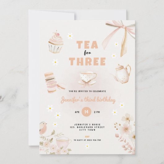 Tea for Three Birthday Invitation for Girls 招待状 (正面)