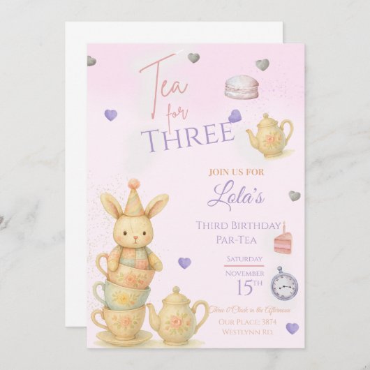 Tea For Three Birthday Party Invite, Invitation 招待状 (正面/裏面)