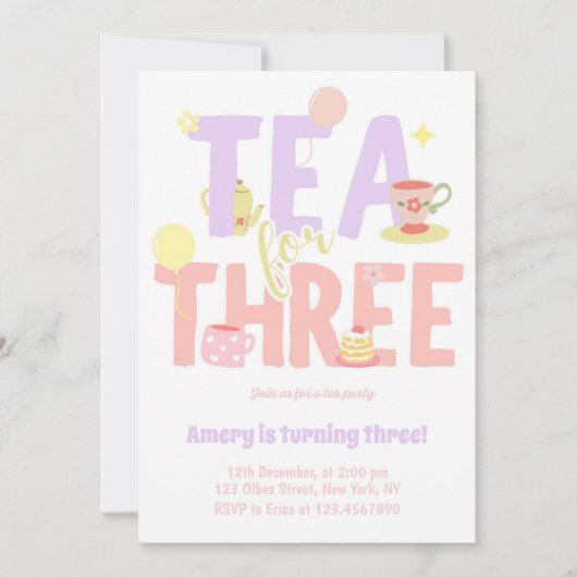 Tea For Three Birthday Pink Pastel Tea Party 招待状 (正面)
