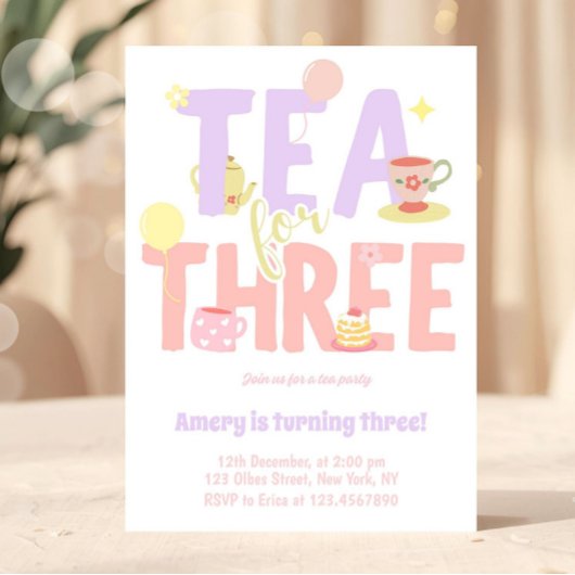 Tea For Three Birthday Pink Pastel Tea Party 招待状