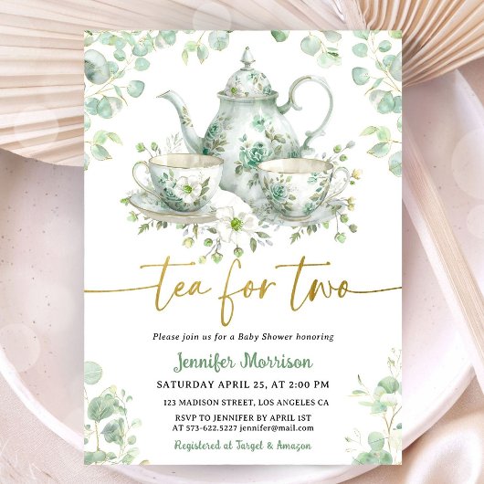 Tea for Two ティーベイビーシャワーグリーンゴールドツインズ 招待状