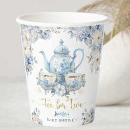 Tea for Two ティーベイビーシャワーボーイゴールドブルーフローラル 紙コップ