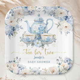 Tea for Two ティーベイビーシャワー 男の子 ゴールド ブルー フローラル ペーパープレート