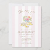 Tea for Two ピンクストライプ 2歳の誕生日ティーパーティー 招待状 (正面)