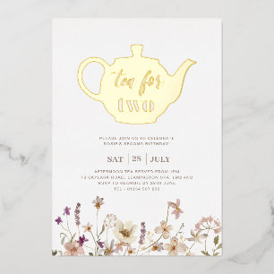 Tea For Two フラワーバースデー - ゴールド 箔招待状