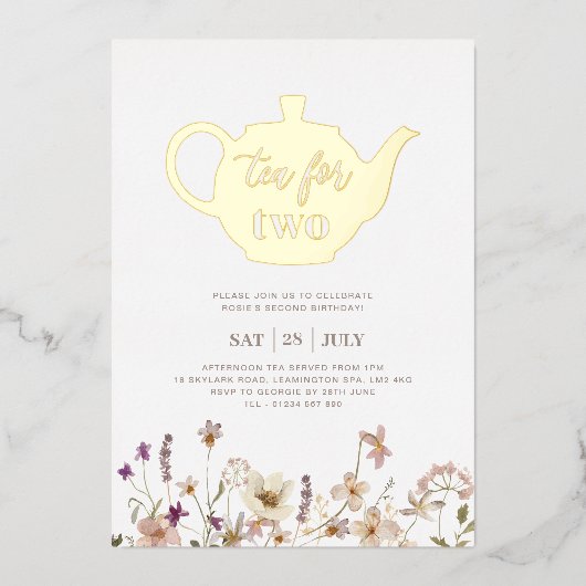 Tea For Two フラワーバースデー - ゴールド 箔招待状 (正面)