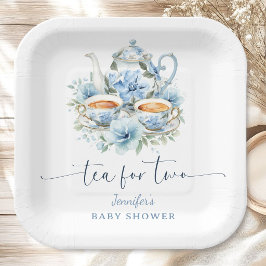 「Tea for Two」ブルーフローラル ベビーシャワー ペーパープレート