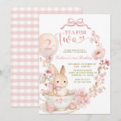 Tea for Two 2歳の誕生日うさぎスプリングピンク 招待状 (正面/裏面)
