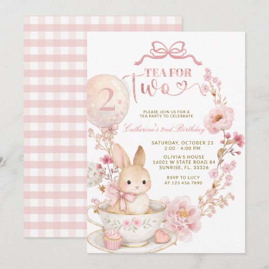 Tea for Two 2歳の誕生日うさぎスプリングピンク 招待状 (正面/裏面)