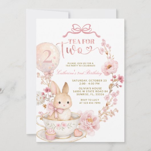 Tea for Two 2nd Birthday Bunny Spring Pink  招待状 (正面)
