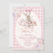 Tea For Two Easter Bunny Pink Gingham 2nd Birthday 招待状 (正面)