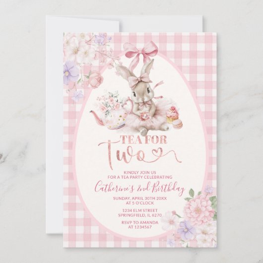 Tea For Two Easter Bunny Pink Gingham 2nd Birthday 招待状 (正面)