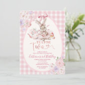 Tea For Two Easter Bunny Pink Gingham 2nd Birthday 招待状 (スタンド正面)