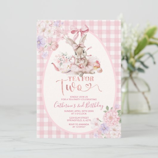 Tea For Two Easter Bunny Pink Gingham 2nd Birthday 招待状 (スタンド正面)