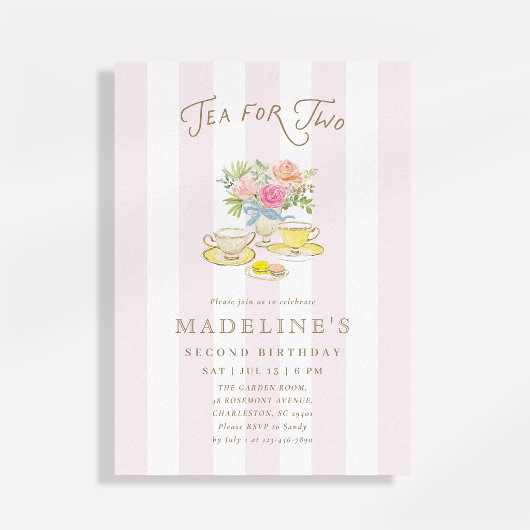 Tea for Two Pink Stripes Second Birthday Tea Party 招待状