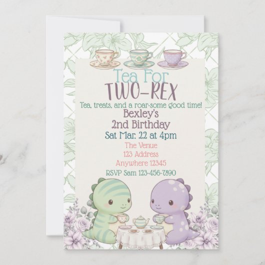 Tea for Two-Rex Pastel Dinosaur 2nd Birthday 招待状 (正面)