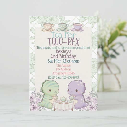 Tea for Two-Rex Pastel Dinosaur 2nd Birthday 招待状 (スタンド正面)