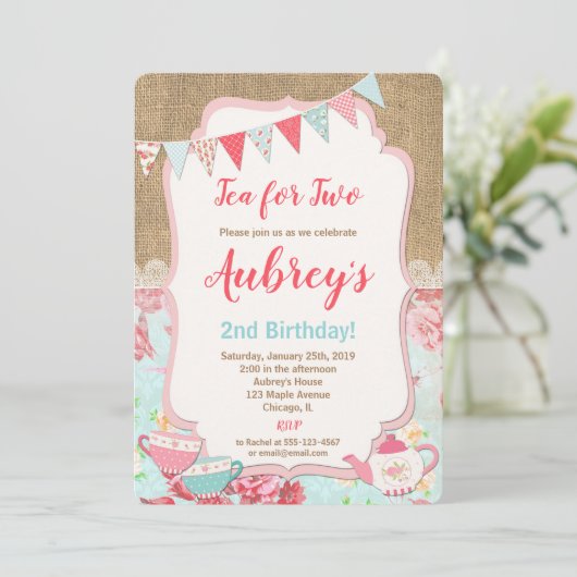 Tea for Two Teaパーティー誕生日の誘い女の子 招待状 (スタンド正面)