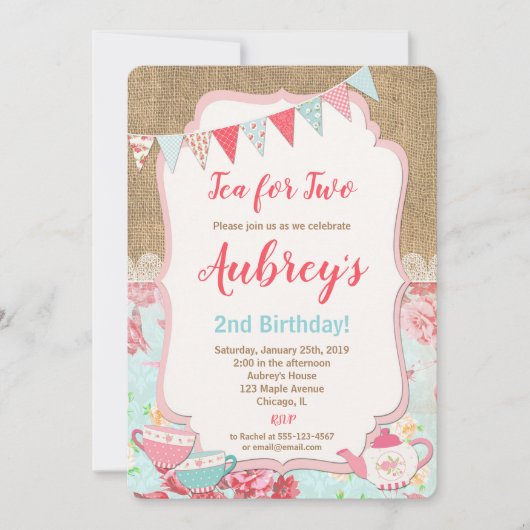Tea for Two Teaパーティー誕生日の誘い女の子 招待状 (正面)