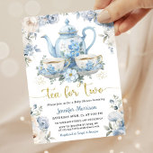 Tea for Two Tea Baby Shower Boy Gold Blue Floral 招待状
