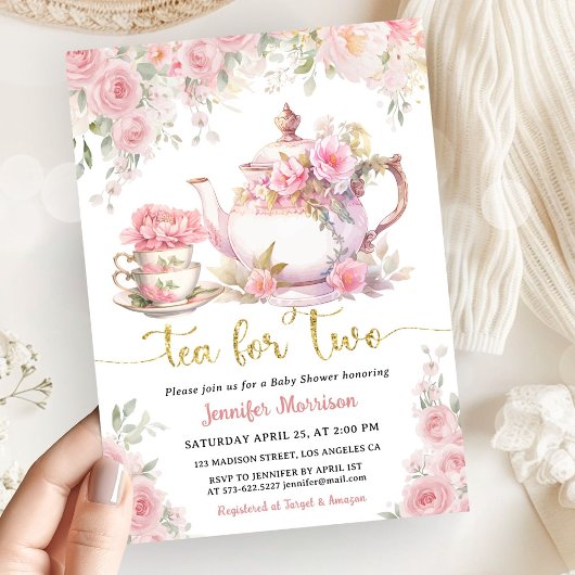 Tea for Two Tea Baby Shower Gold Blush Pink Floral 招待状